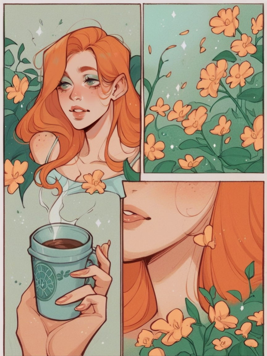 00019-3357264182-score_9, score_8_up, score_7_up, score_6_up,  _lora_p4n3lsXLP_0.9_ p4n3ls, 1girl, coffee, flowers, long hair, ginger hair, panel.png